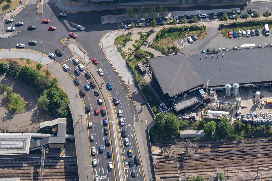 Victoria Road and Beaver Road Ashford - Aerial photograph showing Curious Brew, Aldi and the Hotel Complex beside the international Station