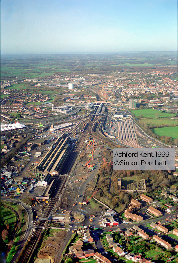 Aerial view of Ashford, Kent railway works and surrounding town, Autumn 1999